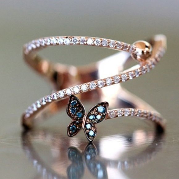 NEW Rose Gold Diamond Blue Butterfly Layer RIng - Picture 1 of 6